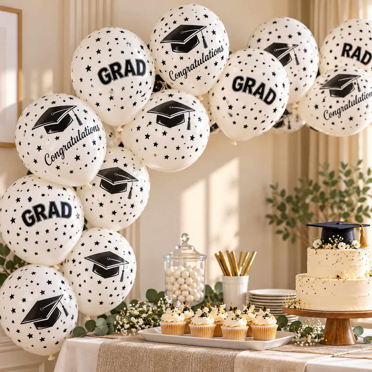 Balloons Graduation Printed || بالونات تخرج لون ابيض مطبوعة – inflated balloons in a party setting