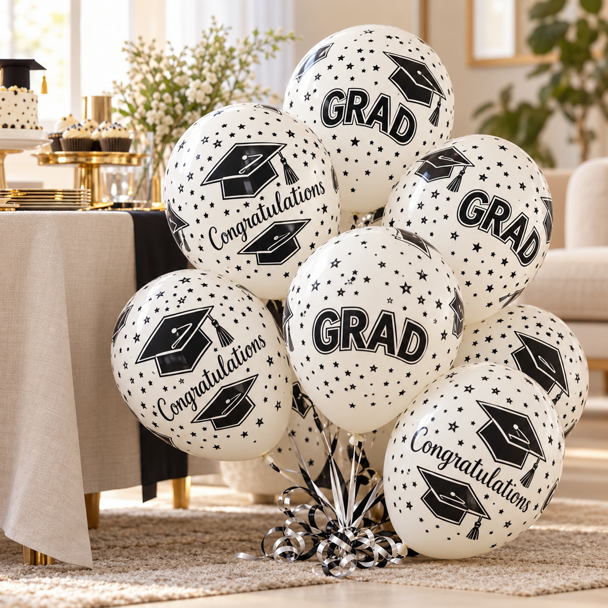 Balloons Graduation Printed || بالونات تخرج لون ابيض مطبوعة – inflated balloons in a party setting