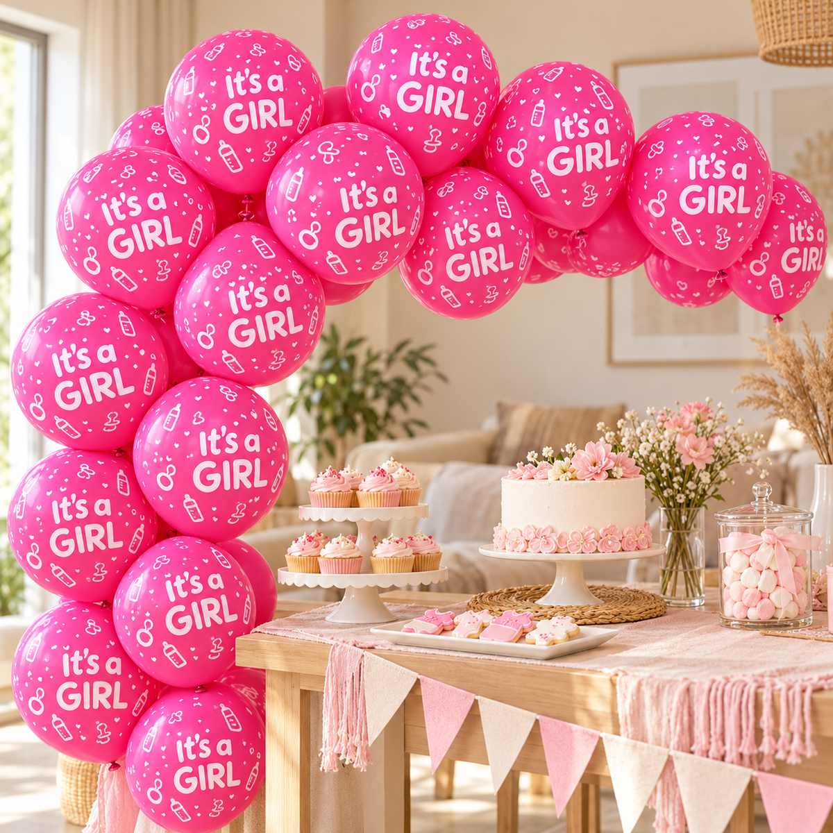 Balloons its a Girl Printed || بالونات ولادة بنت مطبوعة – inflated balloons in a party setting