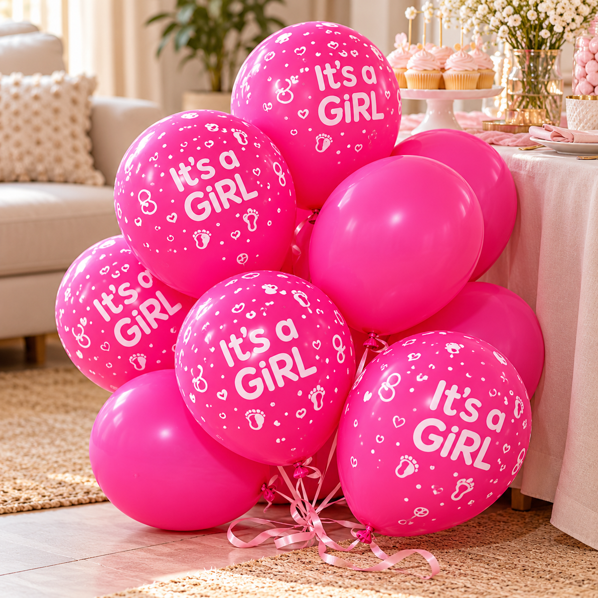 Balloons its a Girl Printed || بالونات ولادة بنت مطبوعة – inflated balloons in a party setting