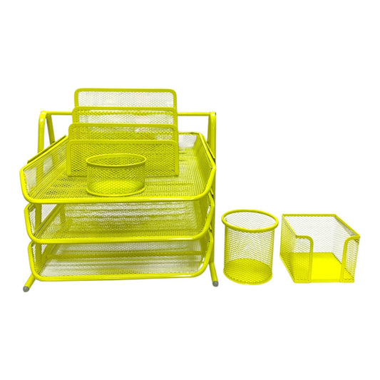 Yellow Mesh Desk Organizer Set 5 Piece Office & School Supply Holder || طقم مكتب ملون حديد شبك ٥ قطعة لون اصفر