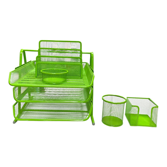 Green Mesh Desk Organizer Set 5 Piece Office & School Supply Holder || طقم مكتب ملون حديد شبك ٥ قطعة لون اخضر