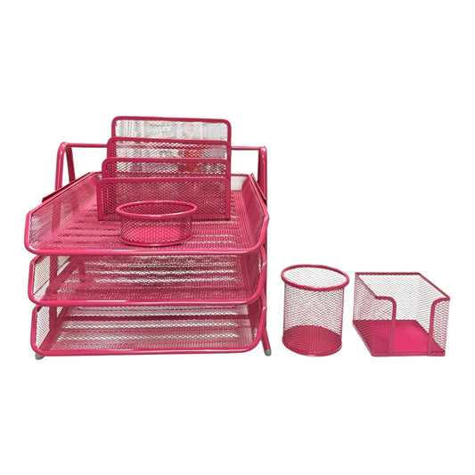 Fuchsia  Mesh Desk Organizer Set 5 Piece Office & School Supply Holder || طقم مكتب ملون حديد شبك ٥ قطعة لون فوشي