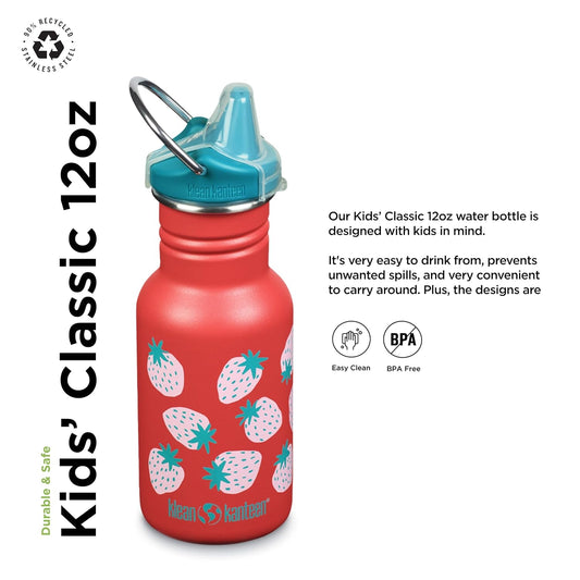 Klean Kanteen Kid Classic Narrow 355ml (w/ Sippy Cap) Coral Strawberries || مطارة ماء كليين كانتيين 355 مل شكل فراوله