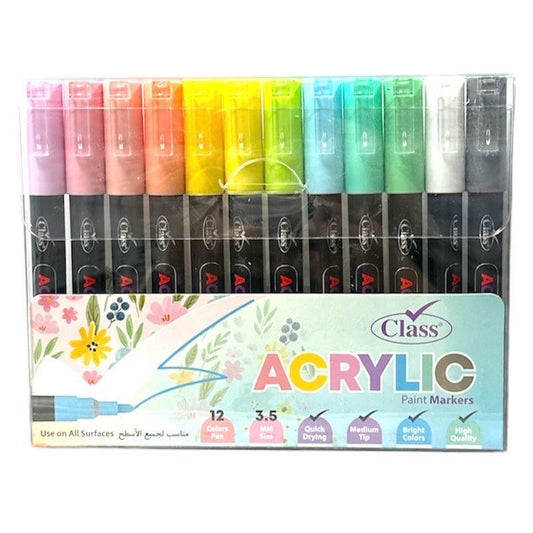 Class Acrylic Paint Markers 12 Colors 3.5 mm Tip || الوان اكريليك كلاس ١٢ لون حجم راس ٣.٥ مل