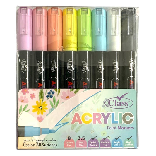 Class Acrylic Paint Markers 8 Colors 3.5 mm Tip || الوان اكريليك كلاس ٨ لون حجم راس ٣.٥ مل