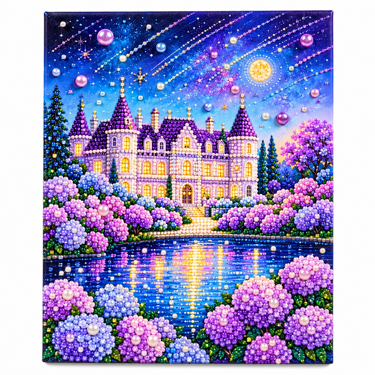 DIY Rhinestone Canvas Activity 30 x 40 cm - Castle by the Lake || نشاط تزيين كانفاس بالأحجار اللامعة 30 × 40 سم - قلعة بجوار البحيرة - Completed design example