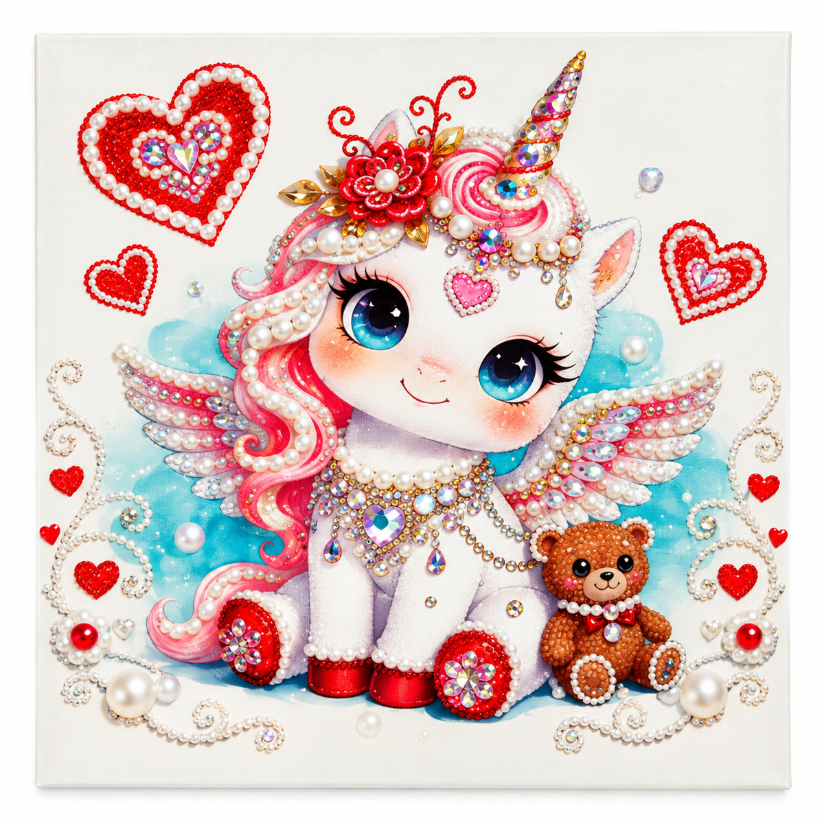 DIY Rhinestone Canvas Activity 30 x 30 cm - Unicorn with Hearts || نشاط تزيين كانفاس بالأحجار اللامعة 30 × 30 سم - يونيكورن مع قلوب - Completed design example