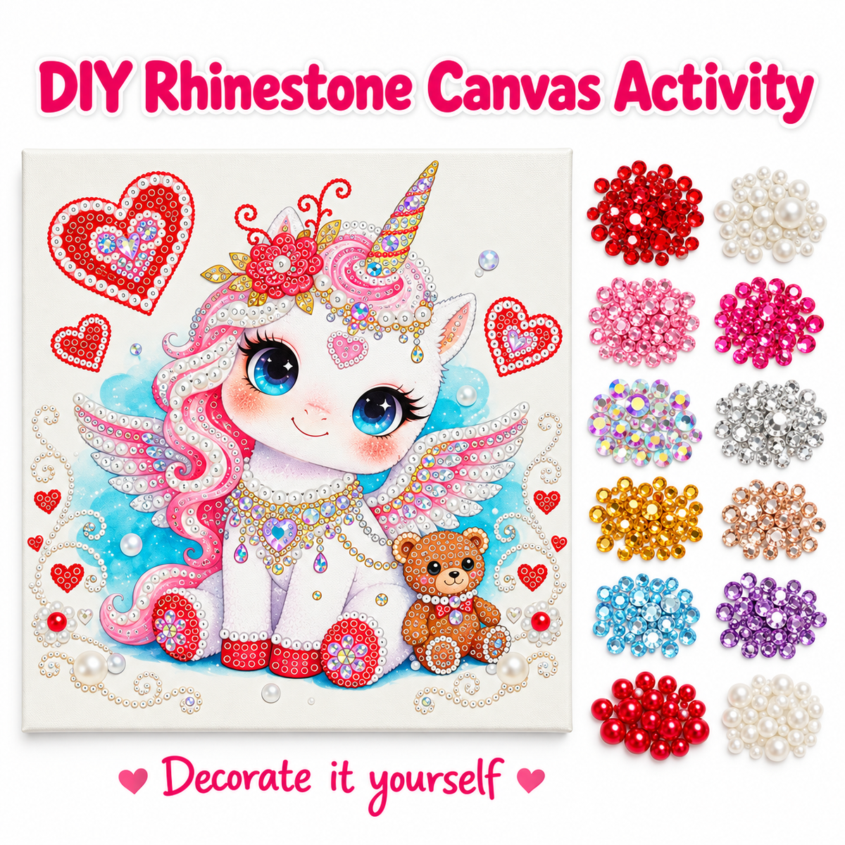 DIY Rhinestone Canvas Activity 30 x 30 cm - Unicorn with Hearts || نشاط تزيين كانفاس بالأحجار اللامعة 30 × 30 سم - يونيكورن مع قلوب