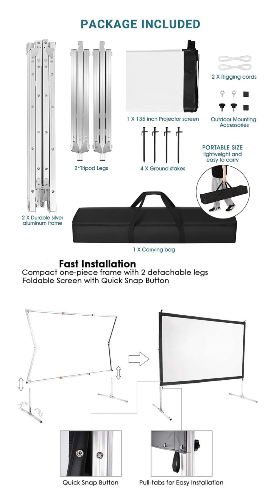 SMQ Fast Folding Projector Screen 4k Ultra HD with bag and tools (100 inch) || اس ام كيو شاشة عرض سنمائي4k Ultra HD مع حقيبة و مثبتات أرضية (100 بوصة)