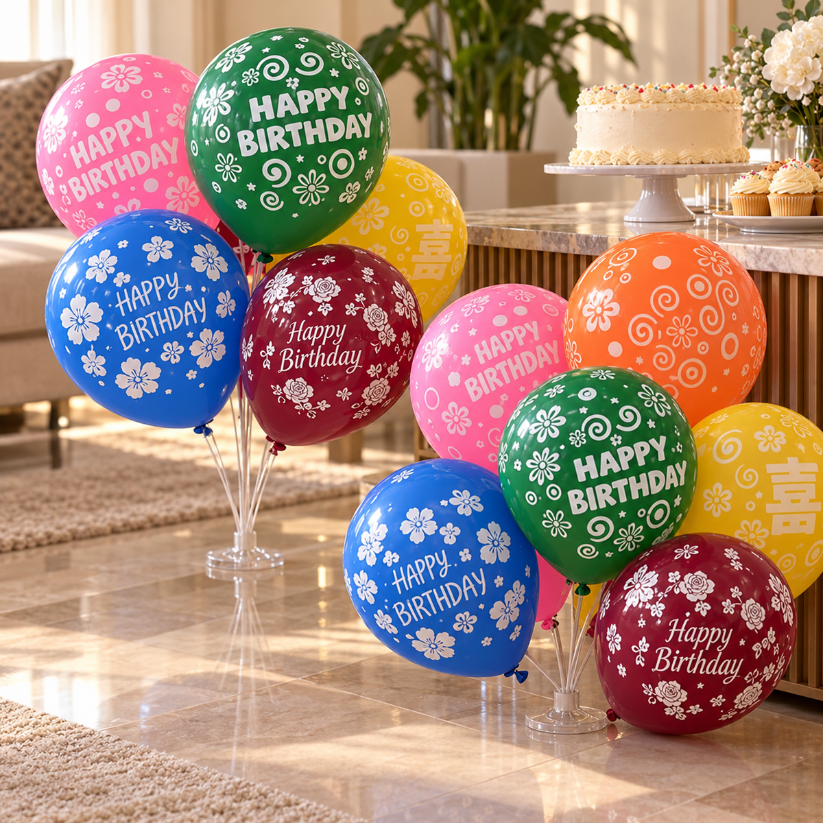 Balloon Bag Printed 100 || كيس بالونات ١٠٠ حبة مطبوع — inflated balloons in a party setting