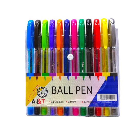 A&T Colored Ballpoint Pens, 12 Pieces || أقلام حبر جاف ملونة A&T، 12 قطعة