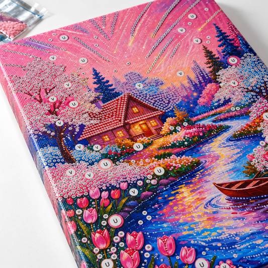 DIY Rhinestone Canvas Activity 30 x 40 cm - Pink Sunset Cottage || تزيين كانفاس بالكريستال 30 × 40 سم - كوخ عند غروب وردي