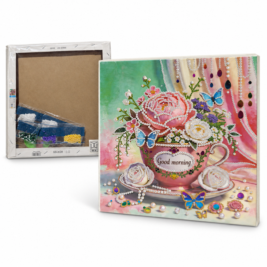 DIY Rhinestone Canvas Activity 30 x 30 cm - Flowers in Teacup || نشاط تزيين كانفاس بالأحجار اللامعة 30 × 30 سم - زهور في فنجان