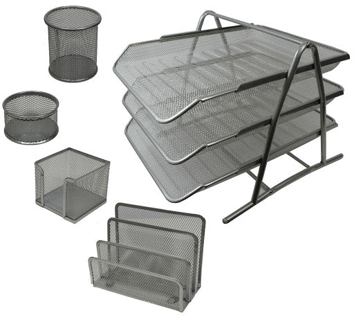 Iron Mesh Desk Set 5 Pcs Silver Color | طقم مكتب شبك ٥ قطعة لون سلفر
