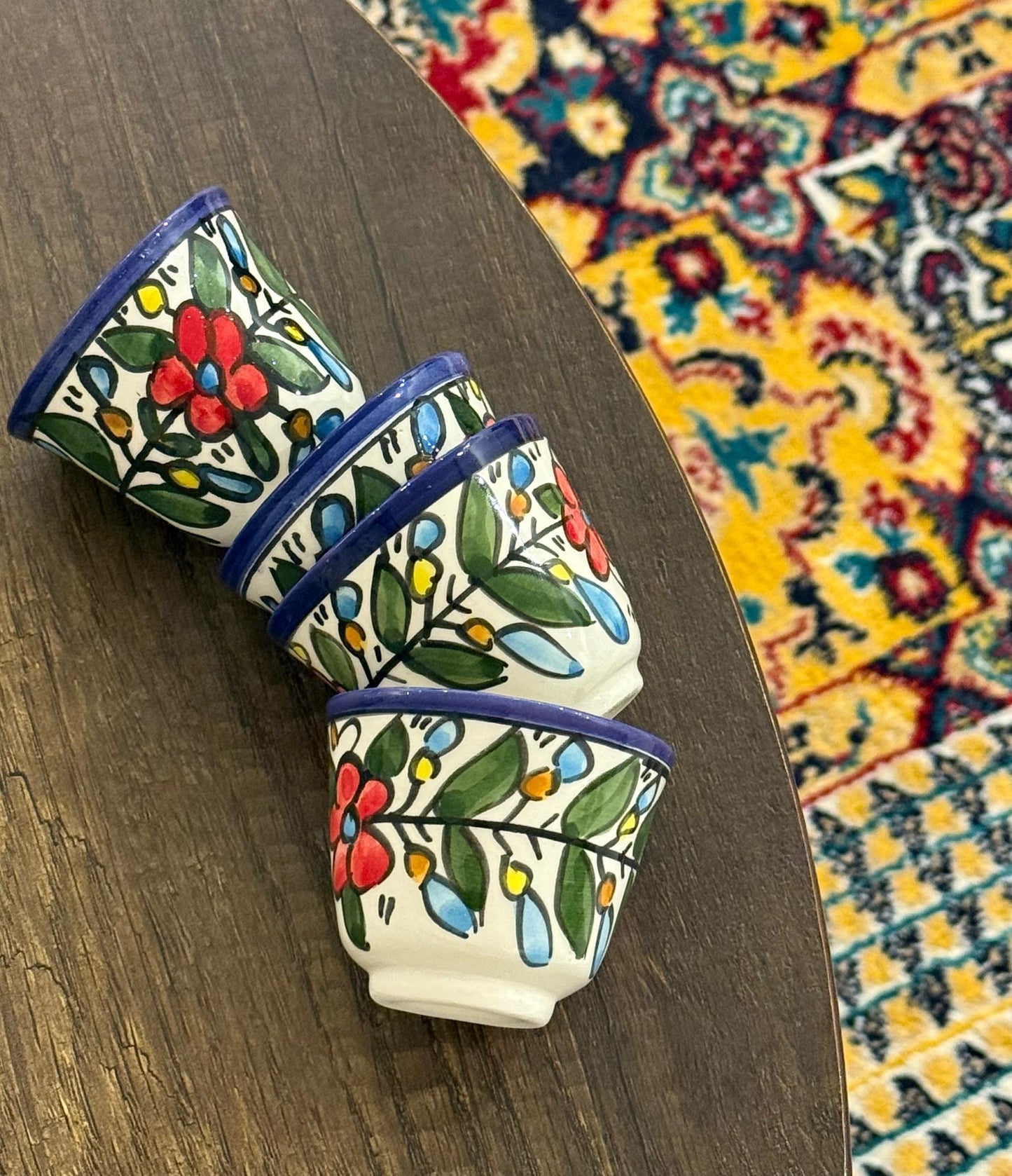 Arabesque Hand Painted Artisinal Finjan Khalil Colored Design 12 Pcs || فناجين الخزف الخليلي المصممه يدويا بنقش ملون عدد 12 فناجين
