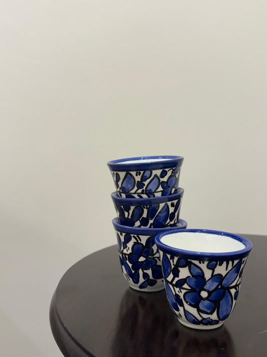 Arabesque Hand Painted Artisinal Finjan Khalil Design 12 Pcs || فناجين الخزف الخليلي المصممه يدويا بنقش ازرق عدد 12 فناجين