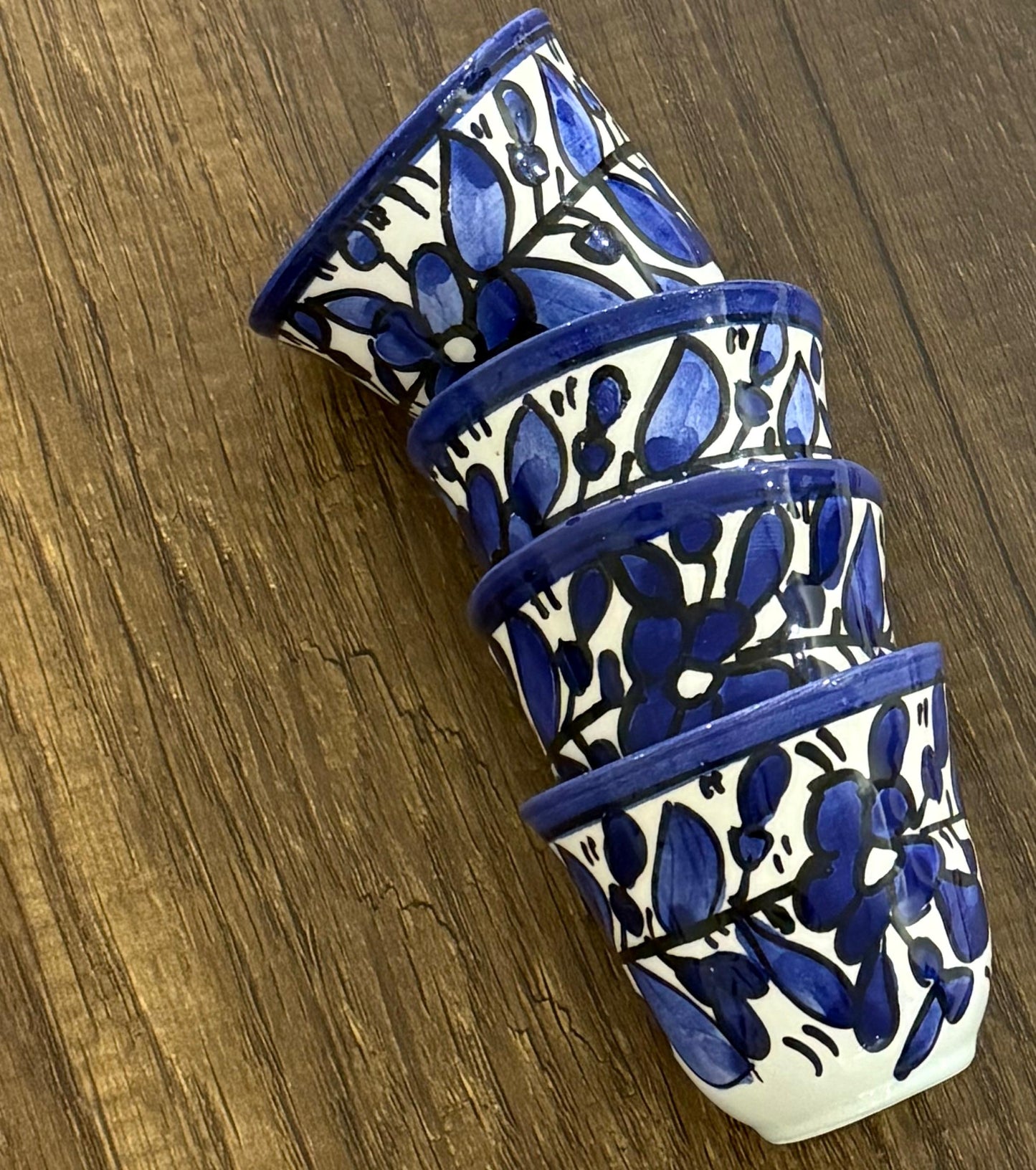 Arabesque Hand Painted Artisinal Finjan Khalil Design 6 Pcs || فناجين الخزف الخليلي المصممه يدويا بنقش ازرق عدد 6 فناجين