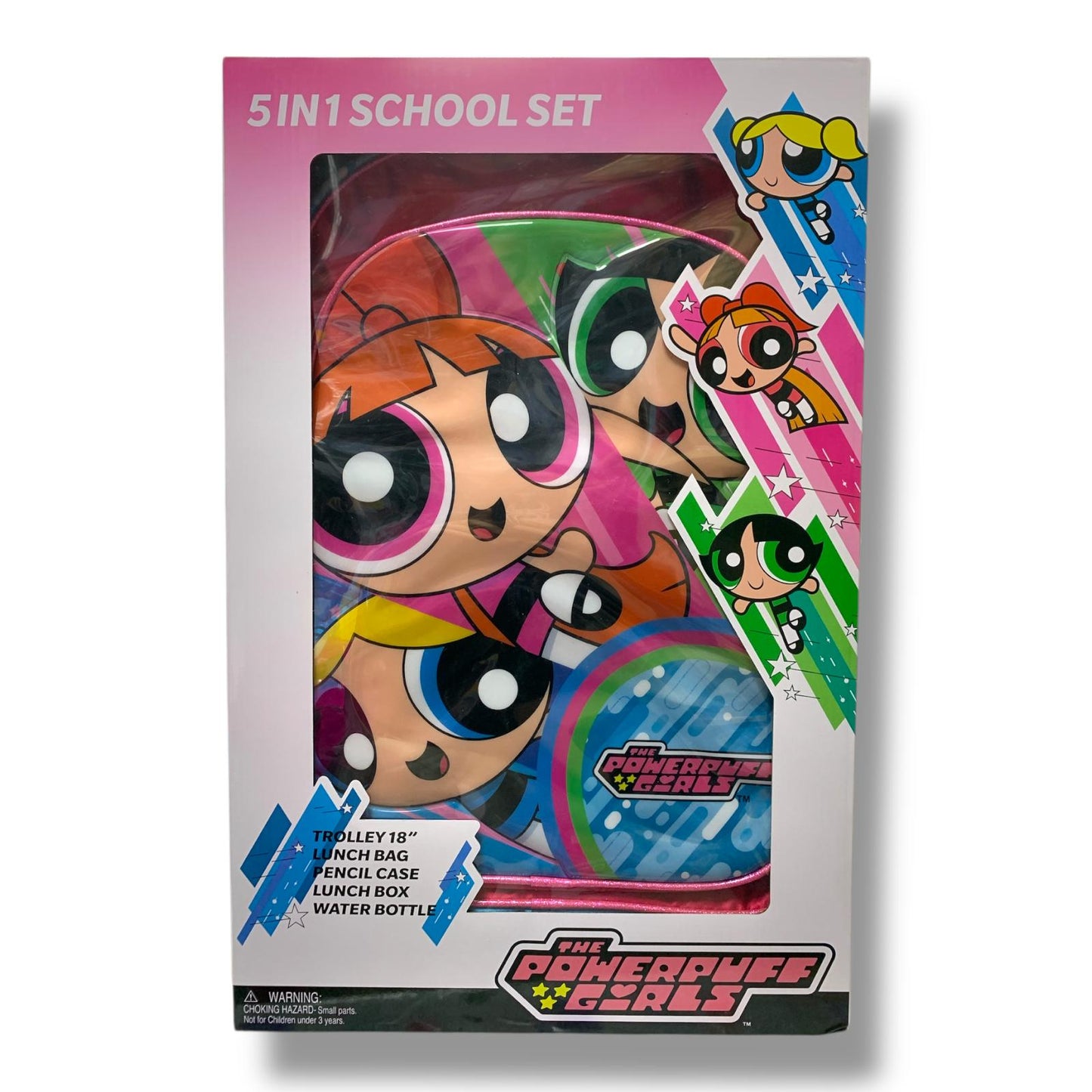 Power Puff Girls 5 in 1 School Set 16" Trolley Bag Lunch Bag Pencil Case Lunch Box Water Bottle  || بوكس العودة للمدرسة 5 قطع جنطة ترولي كبيرة 18 انش شنطة اكل مقلمة لانش بوكس مطارة ماء باور بف جيرلز