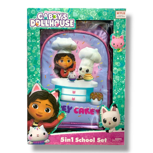 Gabby Dollhouse 5 in 1 School Set 16" Trolley Bag Lunch Bag Pencil Case Lunch Box Water Bottle || بوكس العودة للمدرسة 5 قطع جنطة ترولي شنطة اكل مقلمة لانش بوكس مطارة ماء جابي دول هاوس