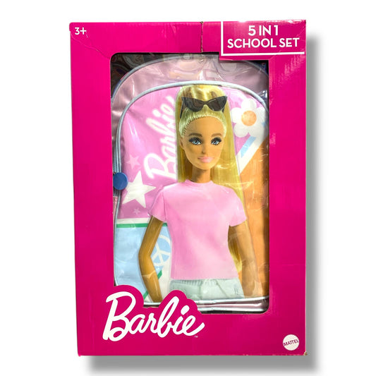 Barbie 5 in 1 School Set 16" Trolley Bag Lunch Bag Pencil Case Lunch Box Water Bottle || بوكس العودة للمدرسة 5 قطع جنطة ترولي شنطة اكل مقلمة لانش بوكس مطارة ماء باربي