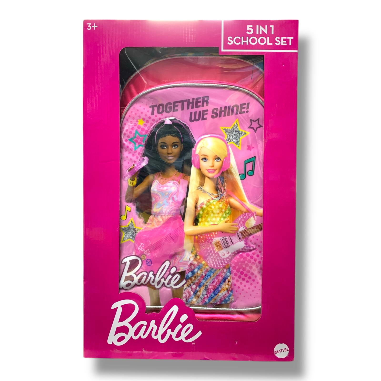 Barbie 5 in 1 School Set 18" Trolley Bag Lunch Bag Pencil Case Lunch Box Water Bottle  || بوكس العودة للمدرسة 5 قطع جنطة ترولي كبيرة 18 انش شنطة اكل مقلمة لانش بوكس مطارة ماء باربي