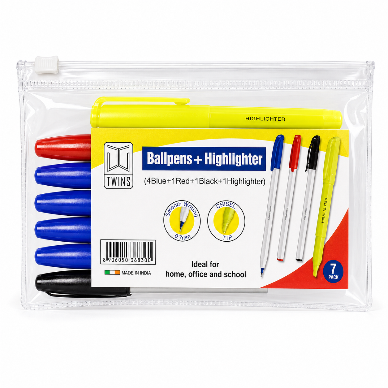 Twins Package 4 Blue Pens + 1 Black + 1 Red + highlighter || مجموعة توينز اقلام حبر 4 ازرق + 1 اسود + 1 احمر + فسفوري