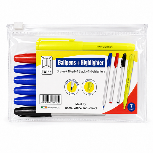 Twins Package 4 Blue Pens + 1 Black + 1 Red + highlighter || مجموعة توينز اقلام حبر 4 ازرق + 1 اسود + 1 احمر + فسفوري