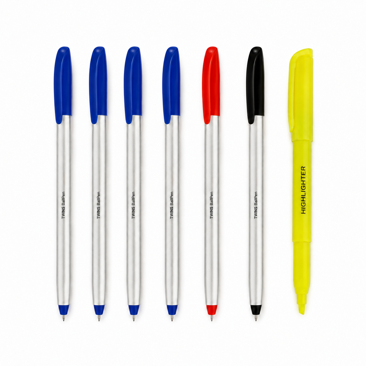 Six ballpoint pens and one highlighter arranged in a row on a white background. The pens have blue, blue, blue, red, black, and yellow caps, with silver barrels and the brand name 'Trend Saver' printed on them.