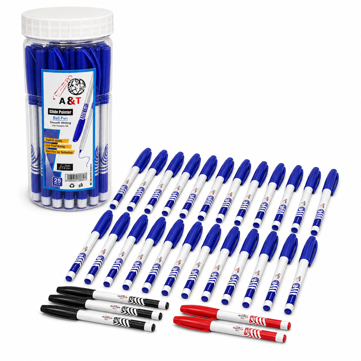 A&T Glide Pointer Ball Pen Package 25 pens - 20 Blue - 3 Black - 2 Red || علبة اقلام حبر اي اند تي قلايد بوينتر 25 قلم - 20 ازرق - 3 اسود - 2 احمر