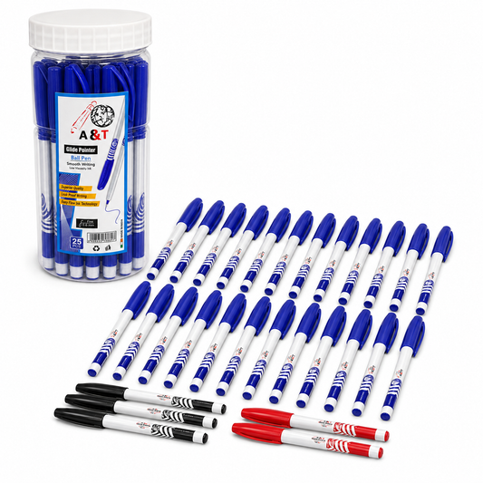 A&T Glide Pointer Ball Pen Package 25 pens - 20 Blue - 3 Black - 2 Red || علبة اقلام حبر اي اند تي قلايد بوينتر 25 قلم - 20 ازرق - 3 اسود - 2 احمر