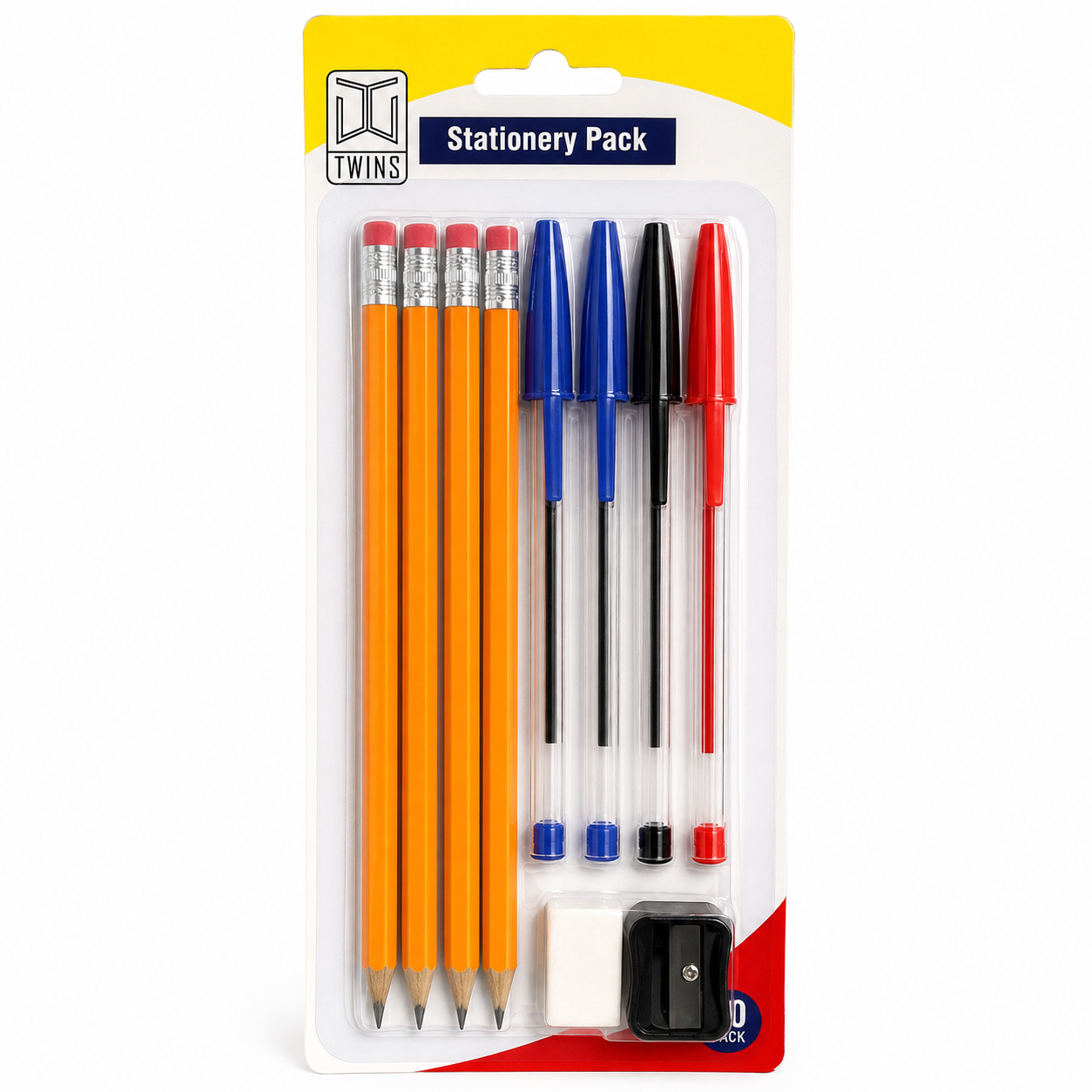 Twins Package 10 Pcs 4 Pencils + 4 Pens + Sharpener + Eraser || مجموعة قرطاسية توينز 10 قطعه 4 اقلام رصاص + 4 اقلام حبر + براية + محاية