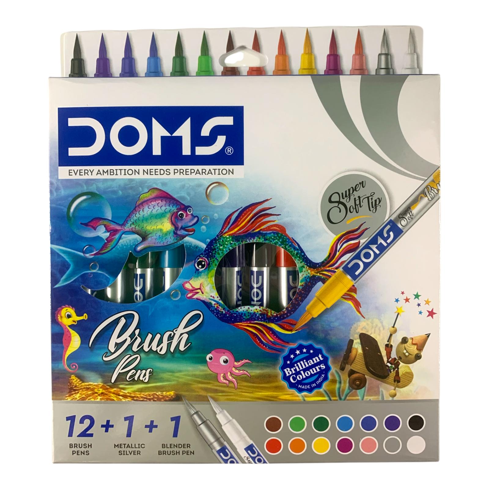 DOMS Super Soft Tip Brush Pens 12+1+1 Set || الوان برش ماركر دومز 12 +1+1
