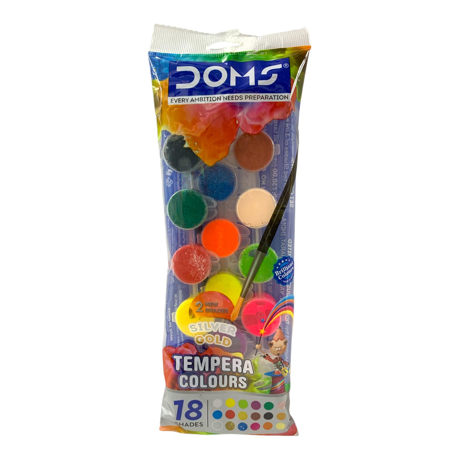 DOMS Tempera Colours 18 Shades with Silver & Gold || الوان تمبرا 18 لون مع فرشة مع لون ذهبي و فضي
