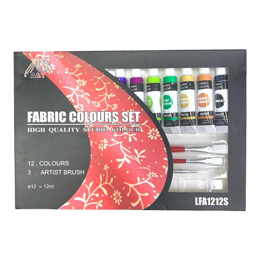 A&T Fabric Color Set 12 Colors with Brushes and Pallete  || الوان قماش اي اند تي ١٢ لون مع فرش و باليت