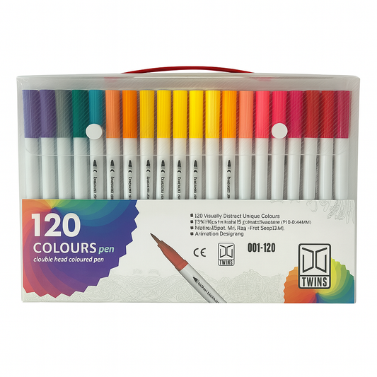 A&T Twins Pen Dual Tip Brush Markers 120 Vibrant Colours for Art & Design || الوان اي اند تي توينز راسين شيني و ضعيف 120 لون