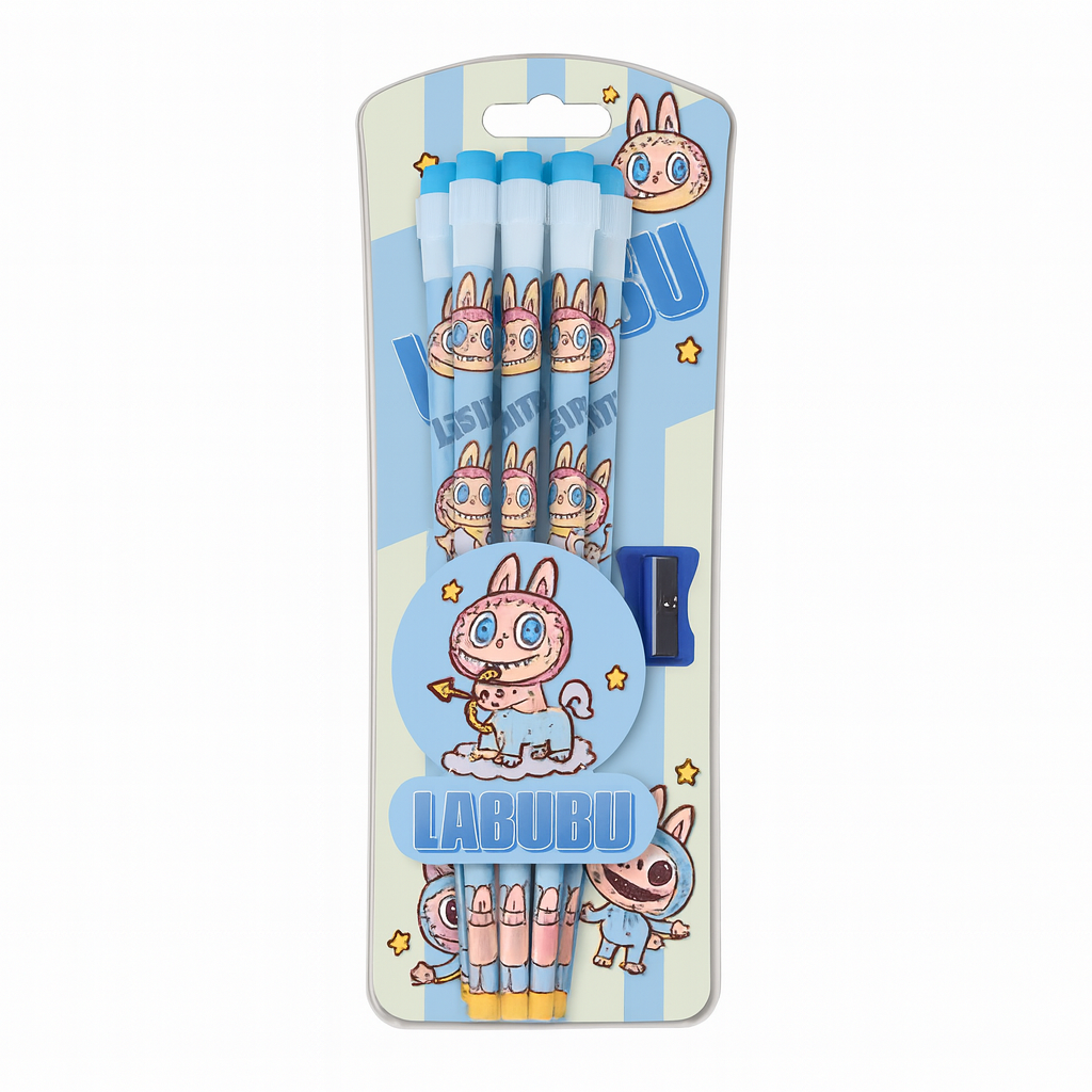 Blue Labubu Pencil Set With Sharpener 12 pcs || مجموعة اقلام رصاص لابوبو مع براية لون ازرق 12 قلم