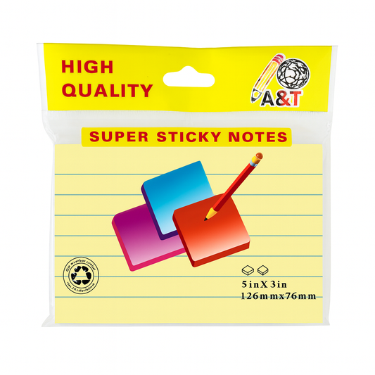 A&T Yellow Lined Super Sticky Notes 3x5 || ورق ملاحظات ستيكي نوت اي اند تي لون اصفر 3*5