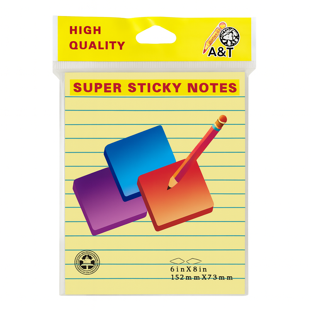 A&T Yellow Lined Super Sticky Notes 6x8 || ورق ملاحظات ستيكي نوت اي اند تي لون اصفر 6*8