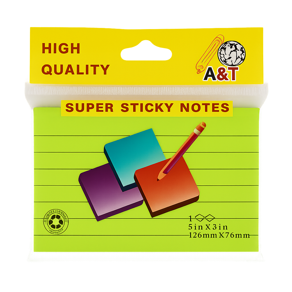 A&T Lined Super Sticky Notes 5x3 || ورق ملاحظات بوست ات ستيكي نوت فسفوري 3*5