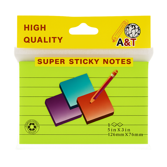A&T Lined Super Sticky Notes 5x3 || ورق ملاحظات بوست ات ستيكي نوت فسفوري 3*5