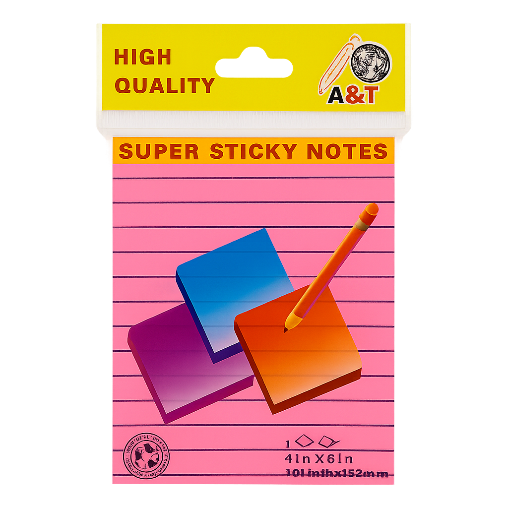 A&T Lined Super Sticky Notes 4x6 || ورق ملاحظات بوست ات ستيكي نوت فسفوري 4*6