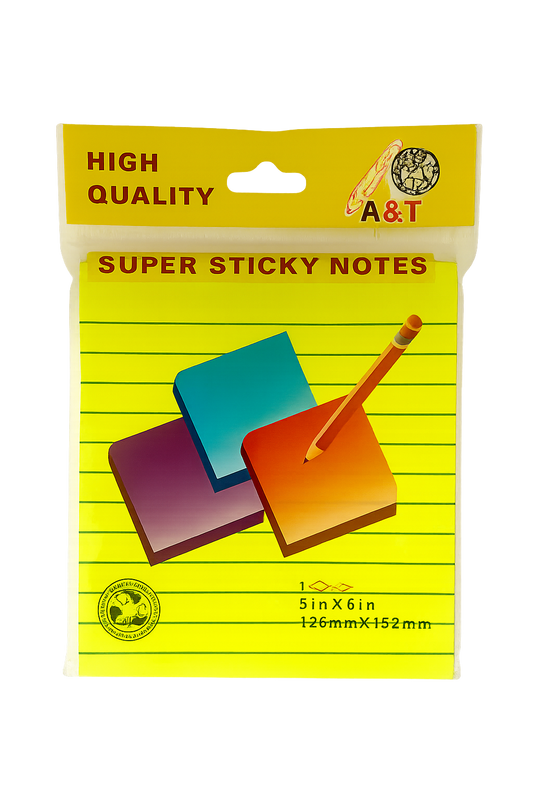 A&T Lined Super Sticky Notes 5x6 || ورق ملاحظات بوست ات ستيكي نوت فسفوري 5*6