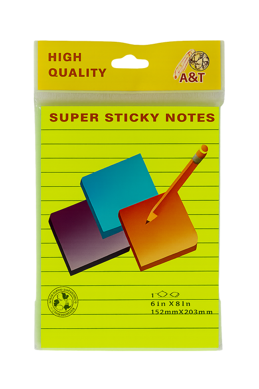A&T Lined Super Sticky Notes 6x8 || ورق ملاحظات بوست ات ستيكي نوت فسفوري 6*8