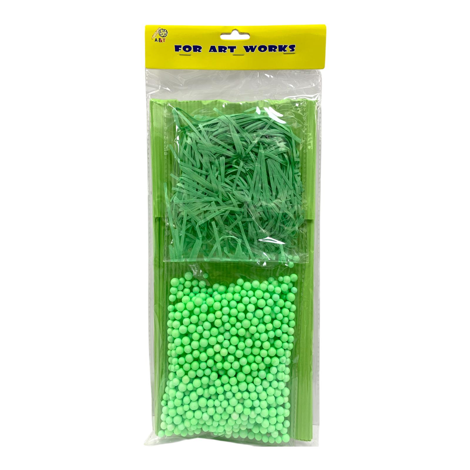 A&T Craft Kit Green Shredded Paper & Foam Balls || مجموعة اشغال يدوية اي اند تي كرات فلين و قش لون اخضر