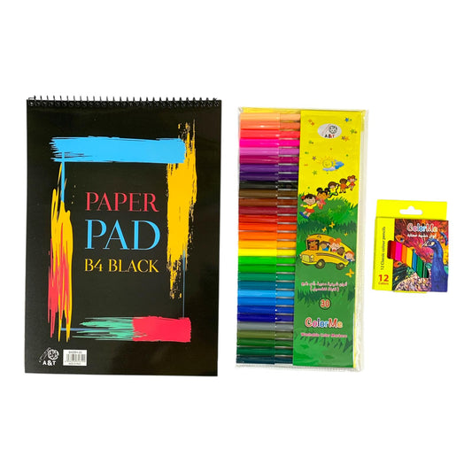 A&T Stationery Set 43 Pcs B4 Black Pad + 30 markers + 12 short colored pencils || مجموعة قرطاسية اي اند تي 43 حبة دفتر ورق اسود + 30 لون شيني + 12 لون خشبي قصير