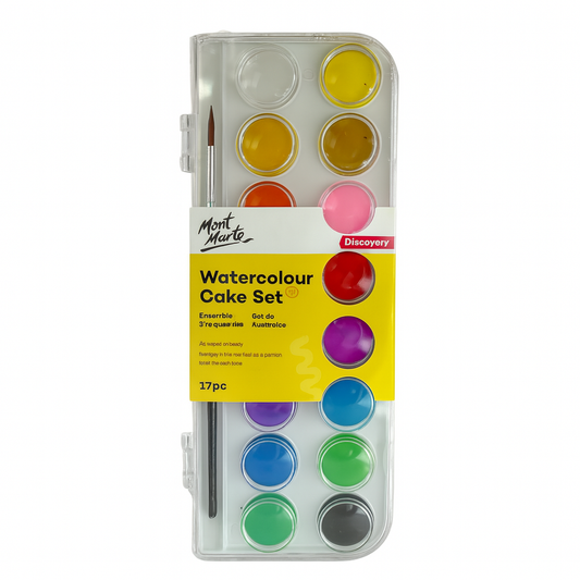 Mont Marte Discovery Watercolour Cake Set - 17 Piece with Brush for Beginners || الوان مائية مونت مارت ١٧ لون مع فرشة مخصصة للمبتدئين