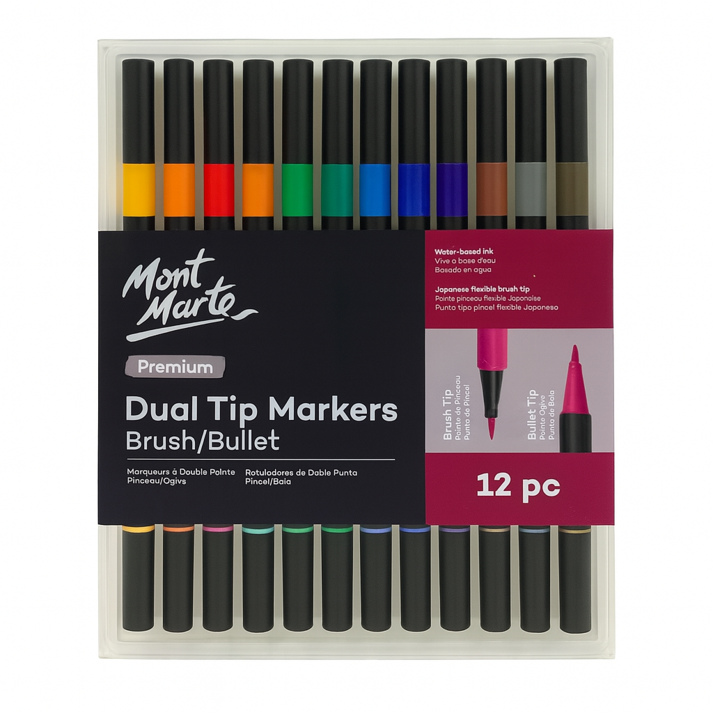 Mont Marte Dual Tip Markers Brush Bullet 12 Pcs || الوان مونت مارت براسين ١٢ لون راس فرشة و راس ضعيف