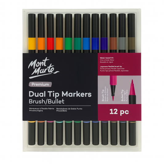 Mont Marte Dual Tip Markers Brush Bullet 12 Pcs || الوان مونت مارت براسين ١٢ لون راس فرشة و راس ضعيف
