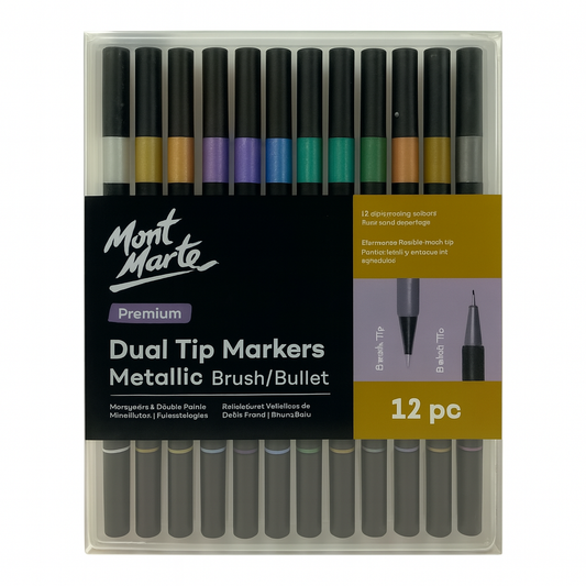 Mont Marte Dual Tip Markers Brush Bullet 12 Colors Metallic || الوان مونت مارت براسين ١٢ لون راس فرشة و راس ضعيف